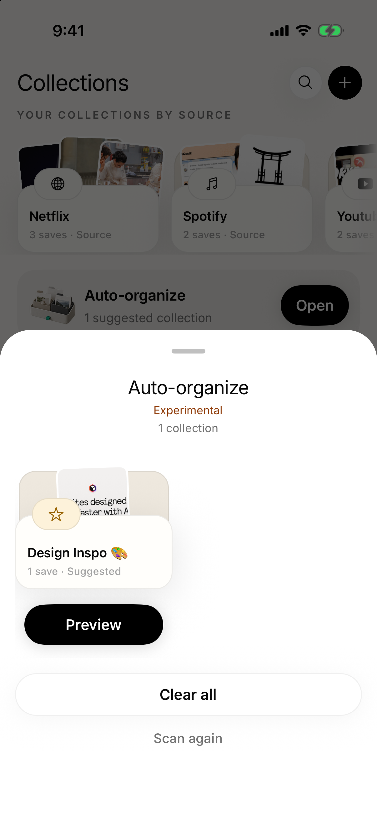 SavedIt auto-organize bottom sheet with a suggested Design Inspo collection
