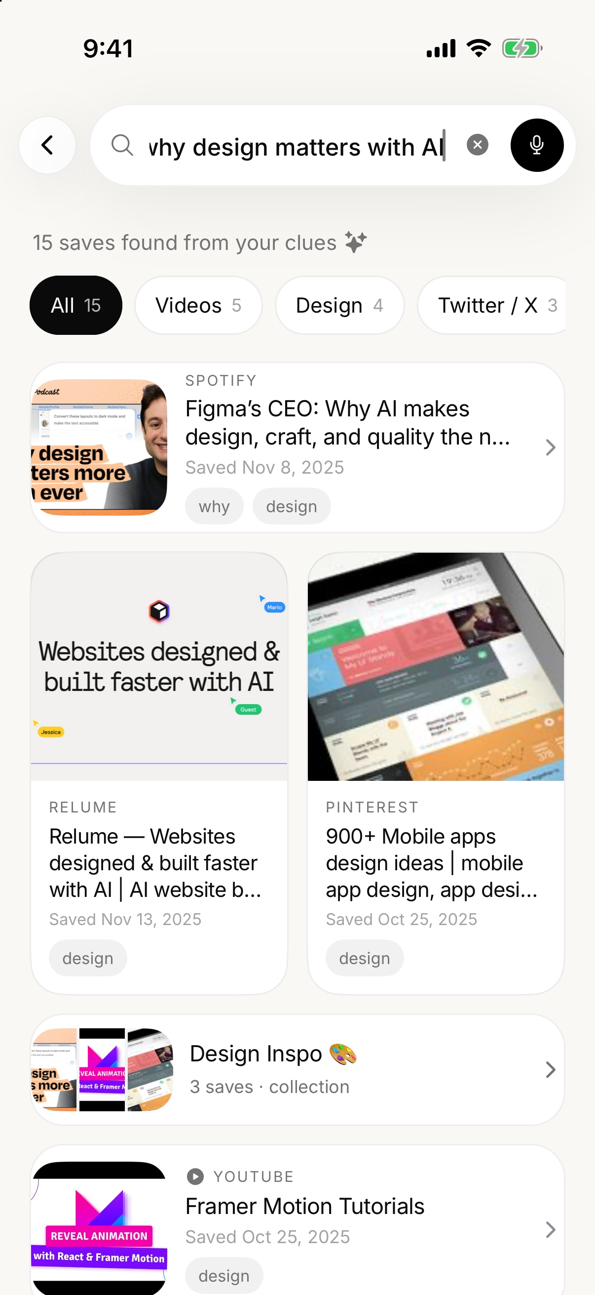 SavedIt full-screen search matching why design matters with AI to a Figma CEO interview
