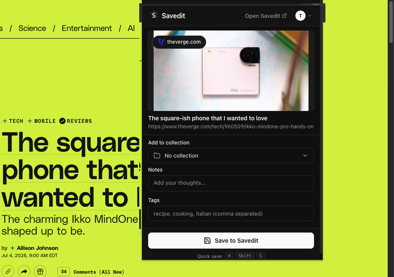 SavedIt Chrome extension saving a Verge article