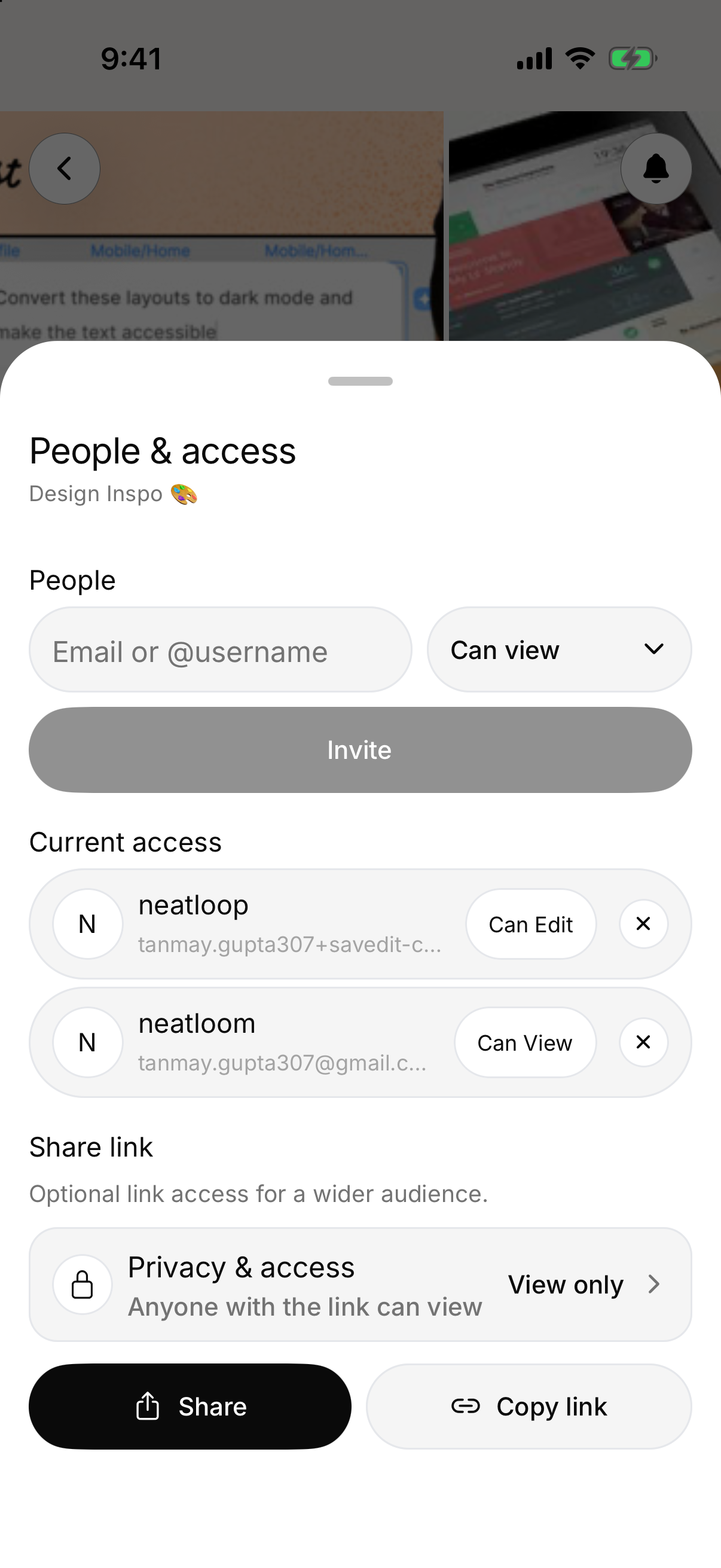 SavedIt People and access sheet with invite roles, collaborators, and share link controls
