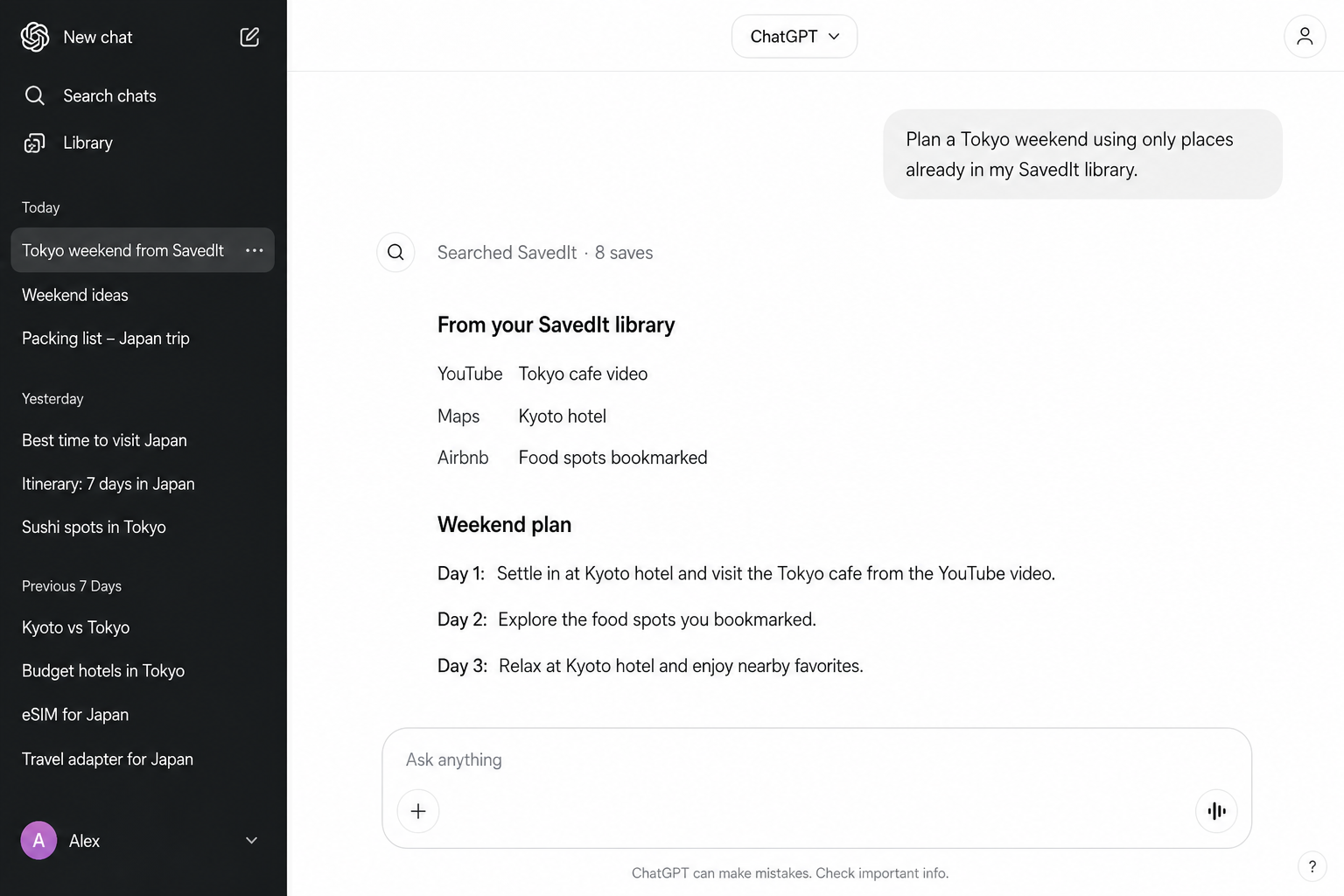 AI chat searching SavedIt and building a Tokyo weekend from your saves
