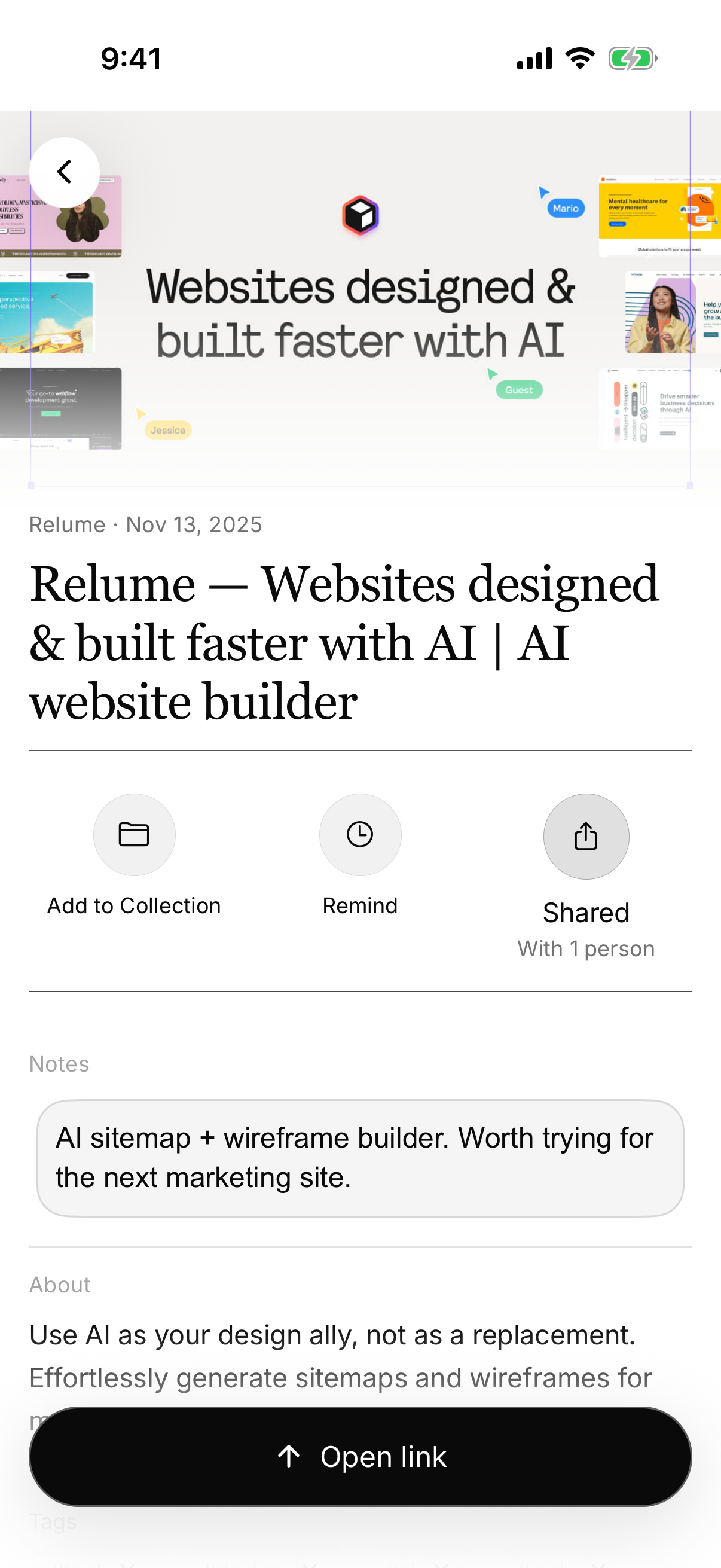 Saved item with collection, reminder, notes, and tags
