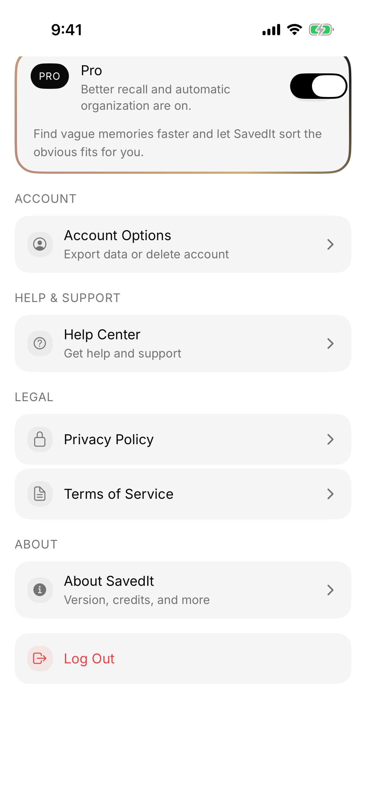 Settings with export data or delete account