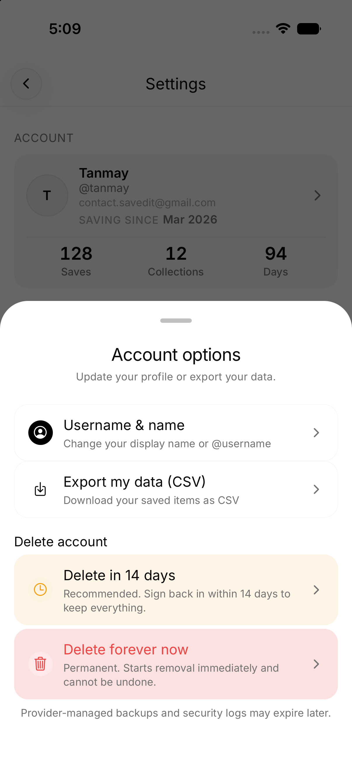 Account options with export data and delete account