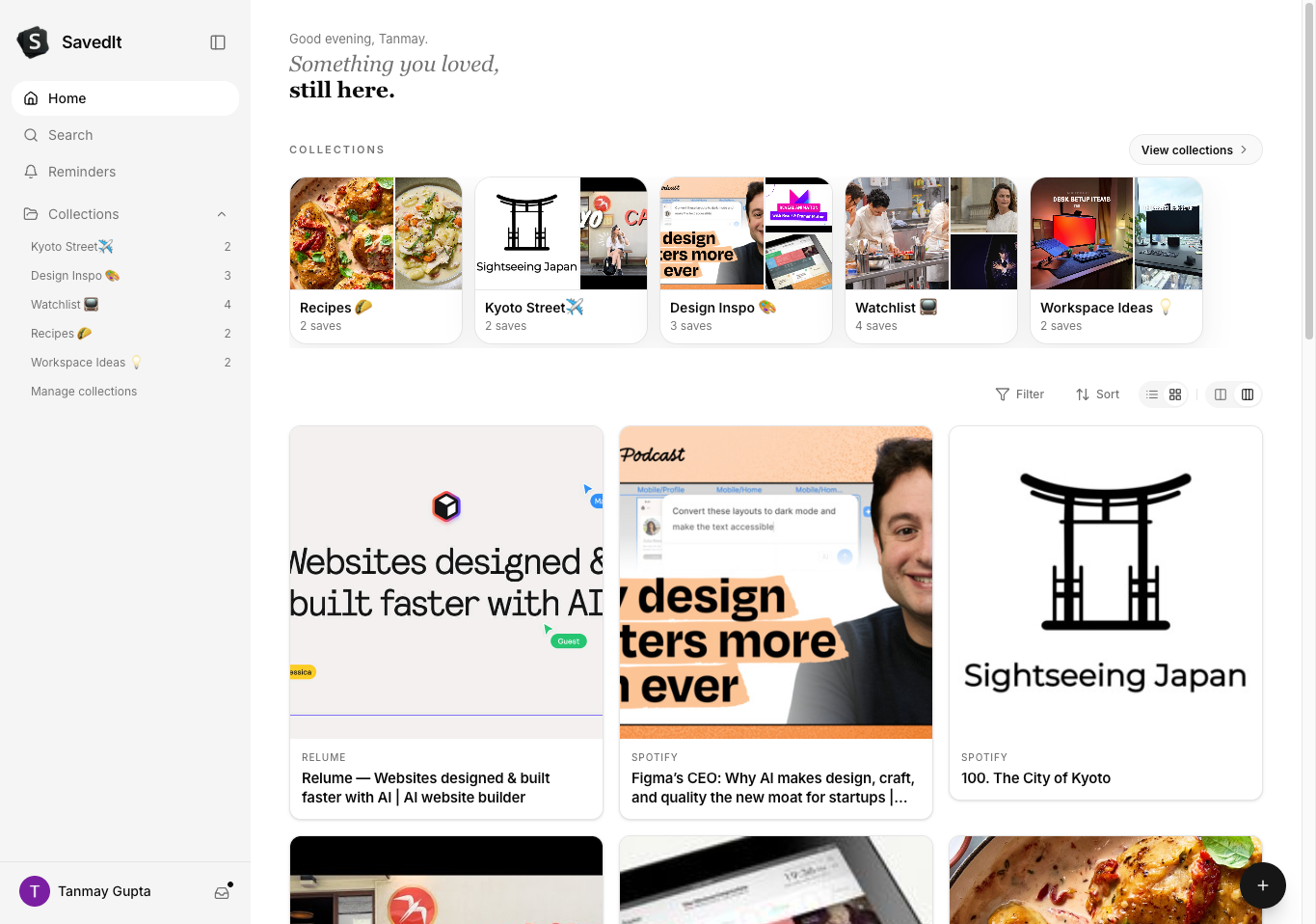 SavedIt web app showing the full saved library