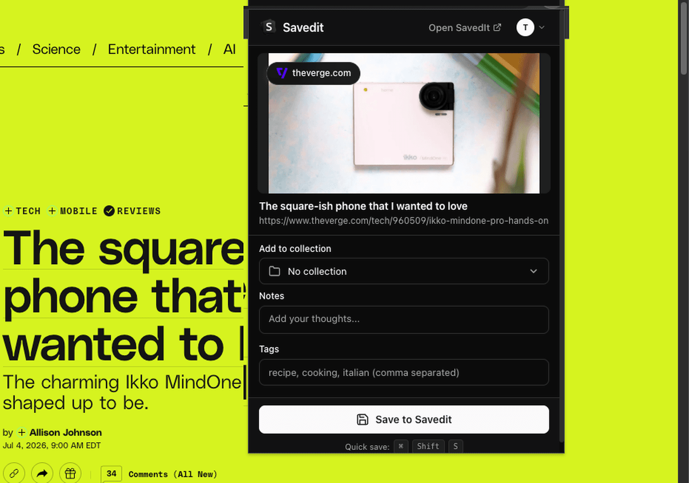 SavedIt Chrome extension saving the current page