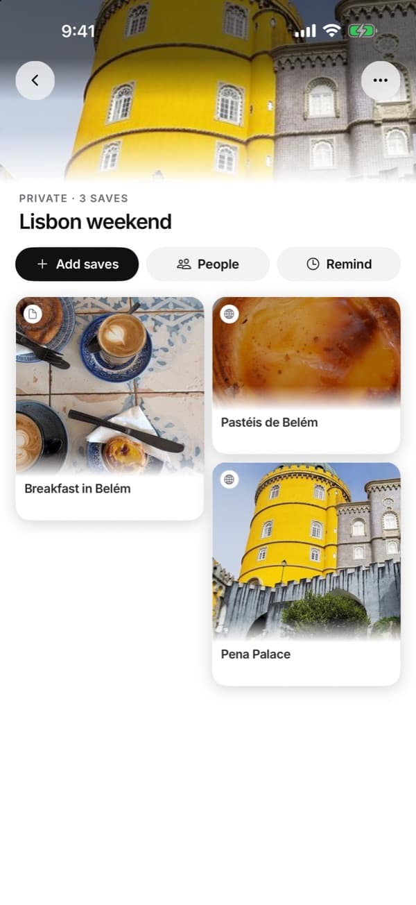 A private SavedIt collection called Lisbon weekend with three saves and buttons for Add saves, People and Remind
