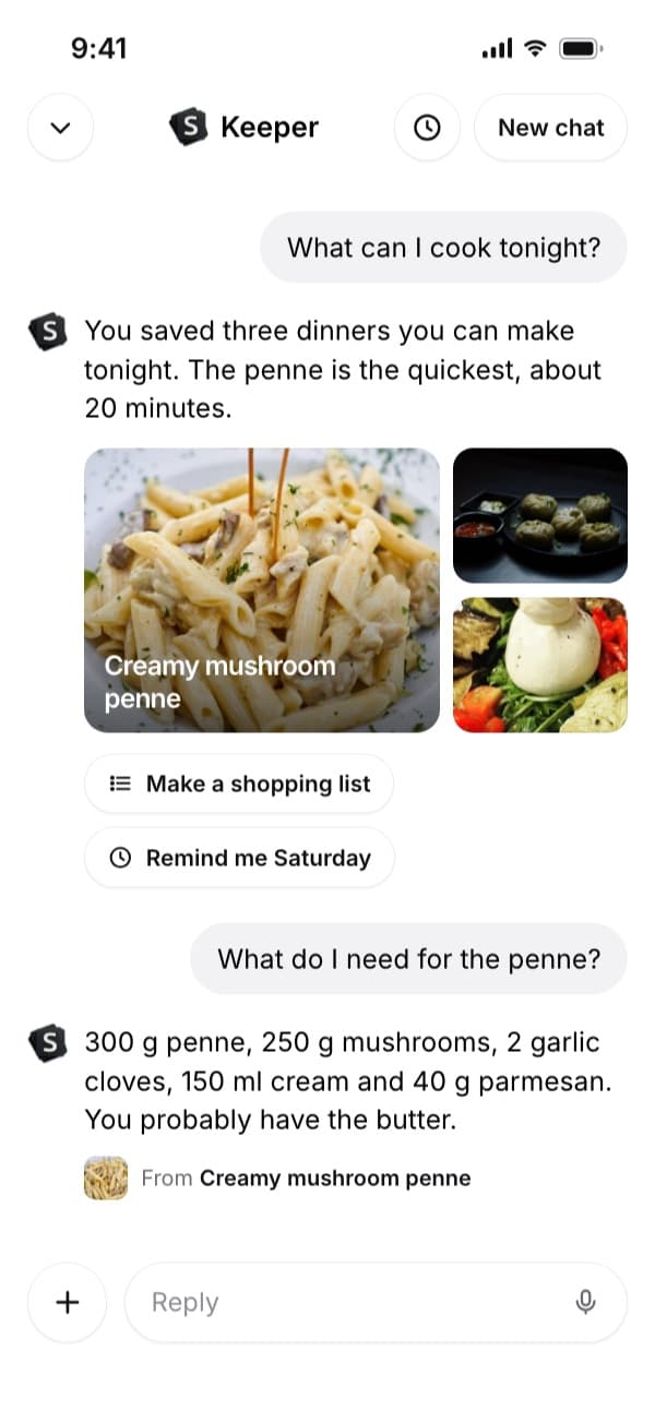 Keeper in SavedIt answering the question "What do I need for the penne?" from a saved recipe