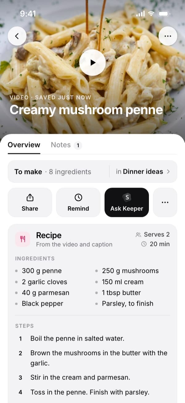 A SavedIt recipe page for creamy mushroom penne listing eight ingredients and four numbered steps