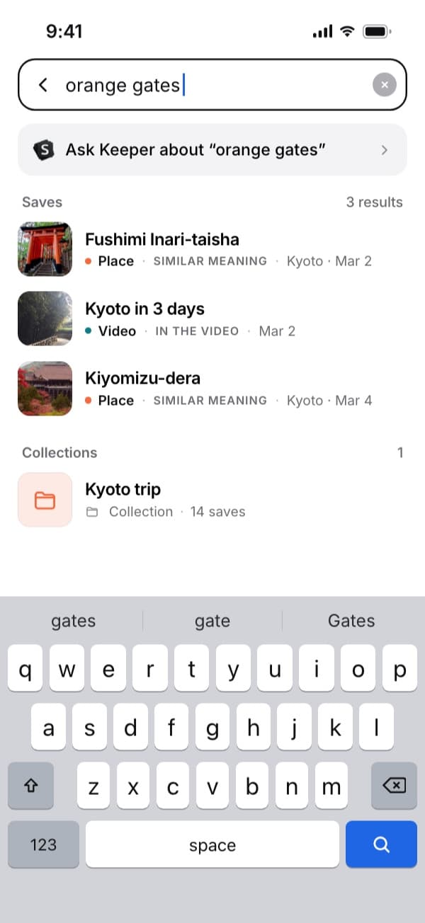 SavedIt search for orange gates finding a saved Kyoto video