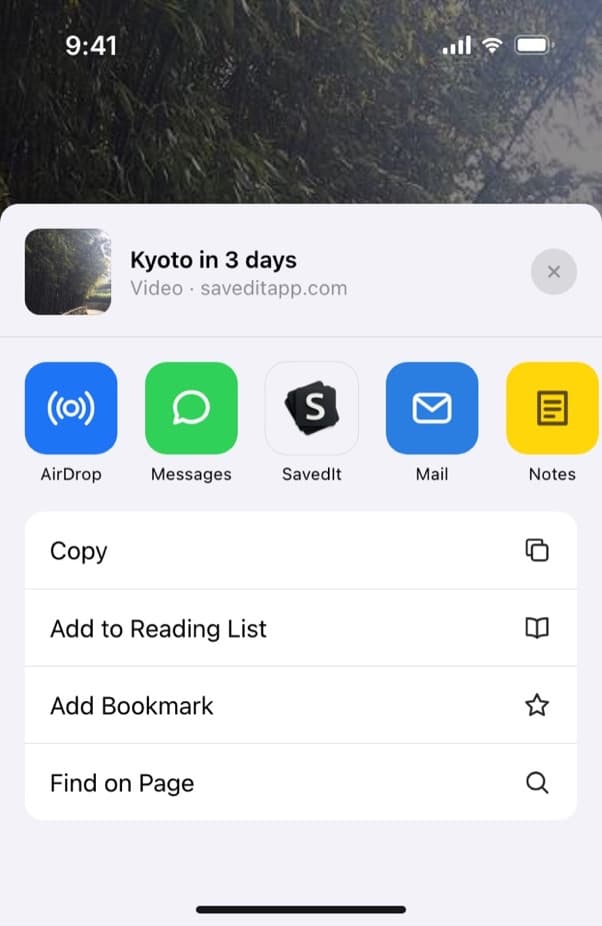 The iPhone share sheet with SavedIt in the row of apps