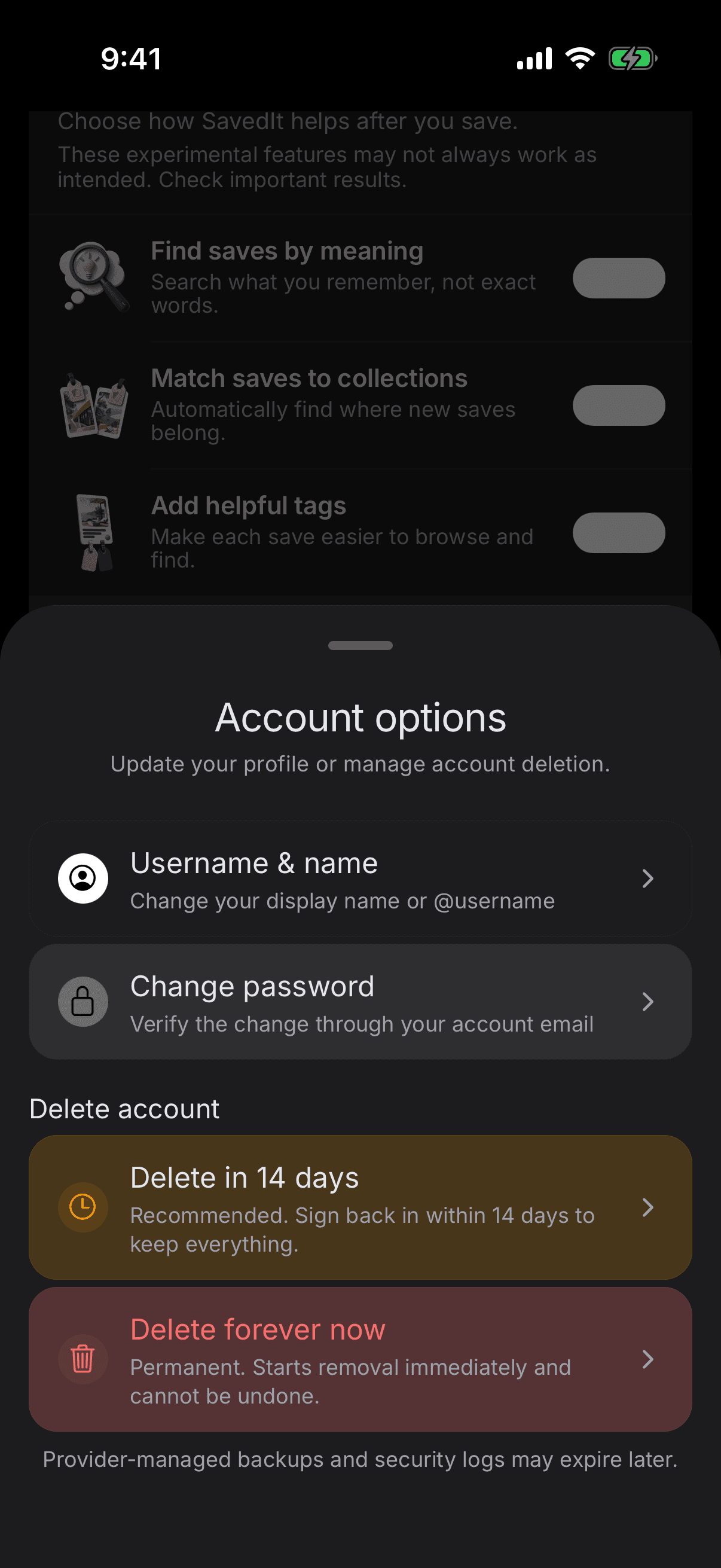 SavedIt account options on iPhone showing recoverable 14-day deletion and immediate permanent deletion choices