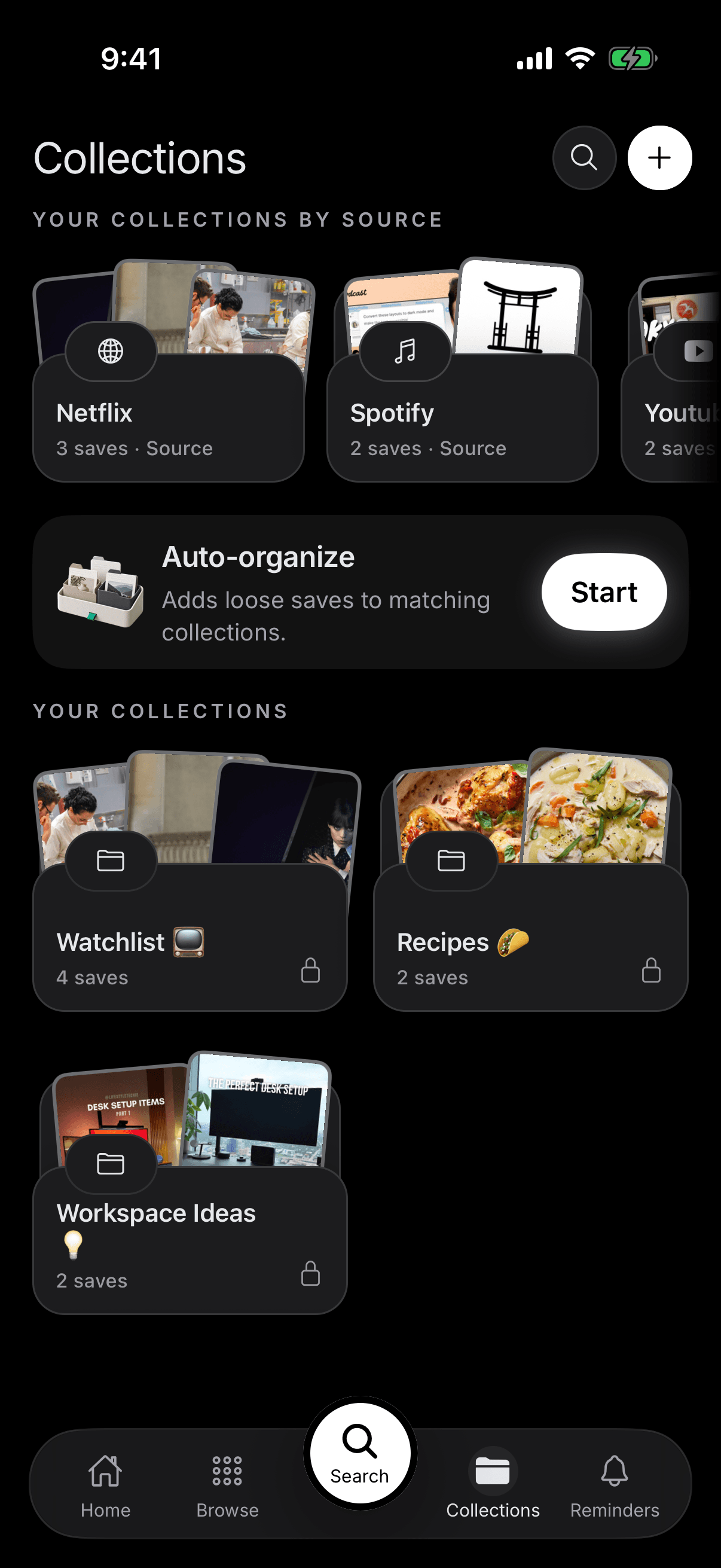 SavedIt iPhone Collections screen with an Auto-organize entry and manual collections