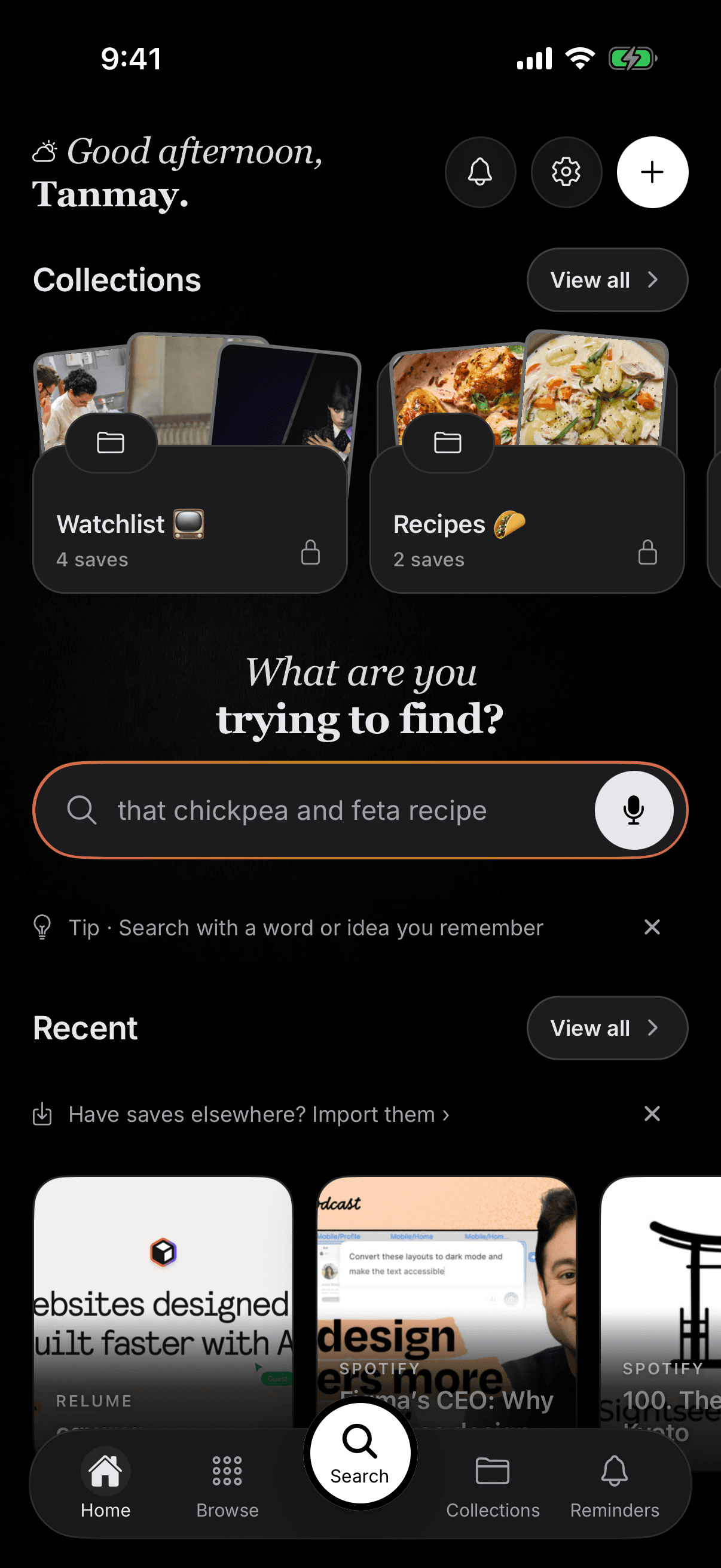 SavedIt iPhone home screen showing Watchlist and Recipes collections and recent saves