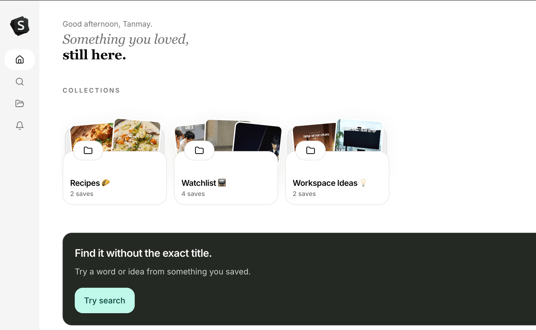 SavedIt web library showing Recipes, Watchlist, and Workspace Ideas collections
