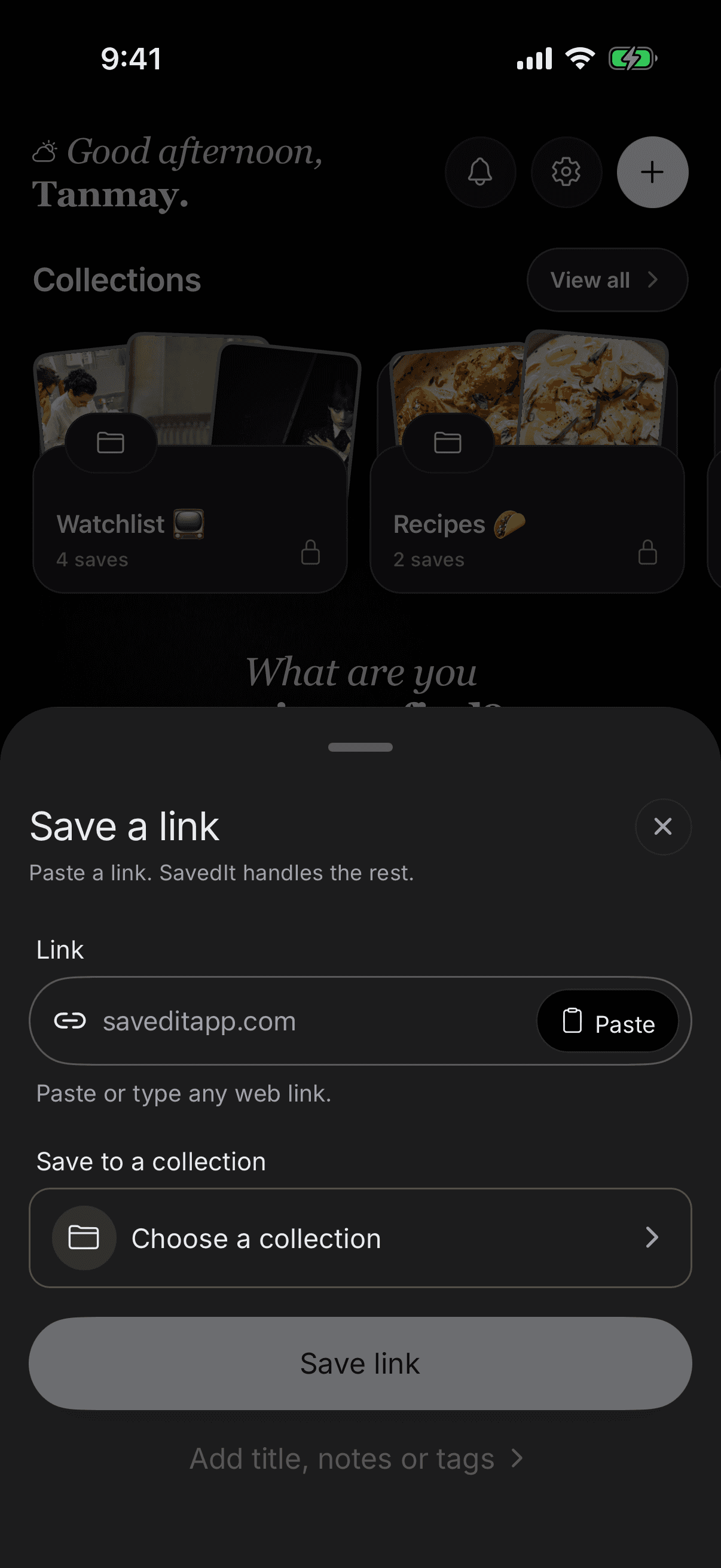 SavedIt iPhone form for pasting a link and choosing a collection