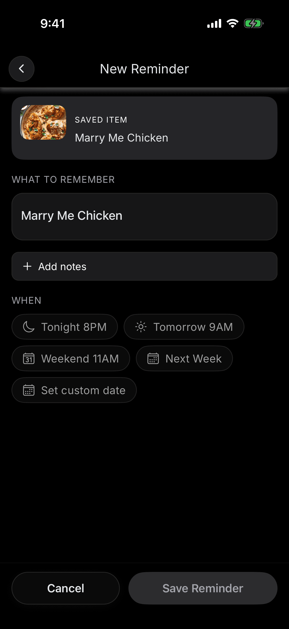New Reminder screen for a saved recipe with suggested times and a custom date option