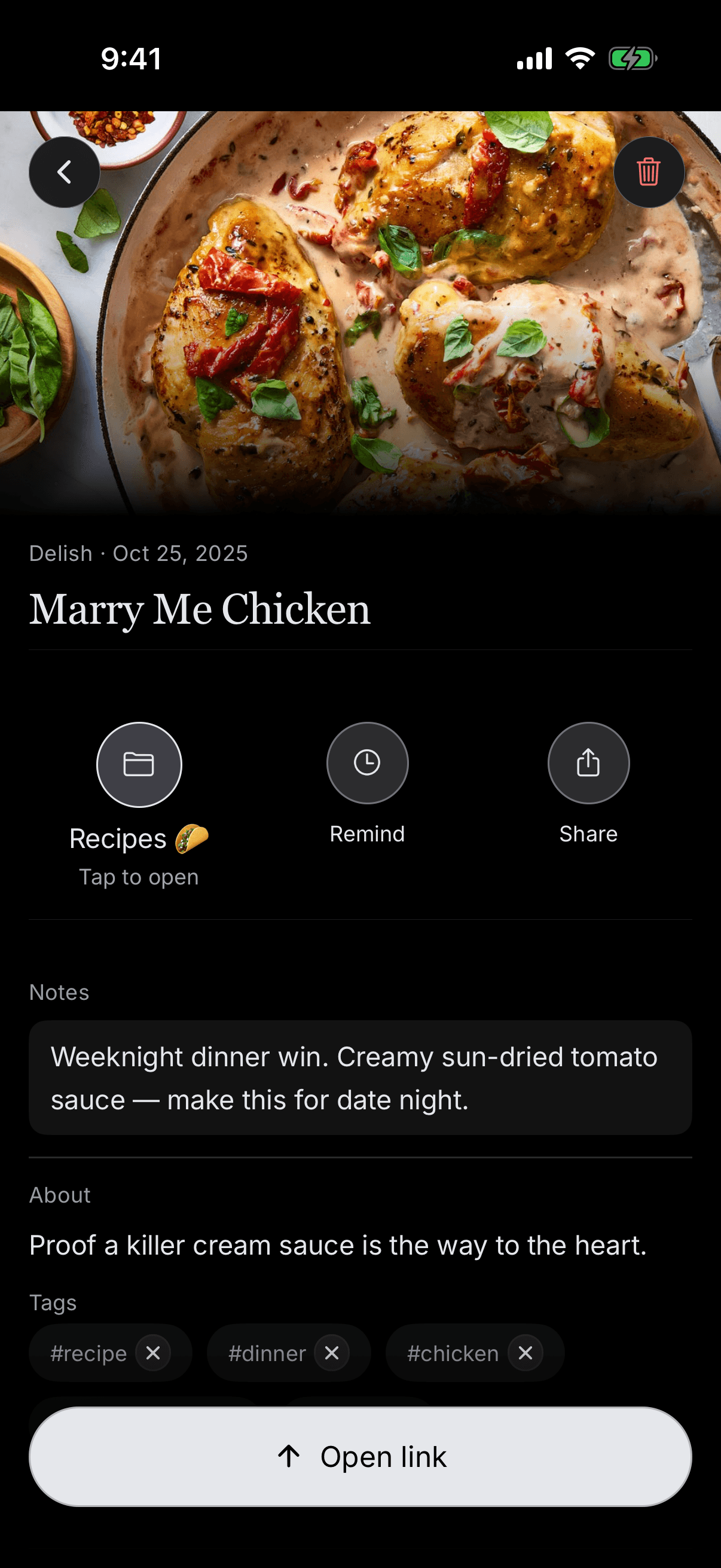 Saved recipe detail on iPhone showing a private note and recipe, dinner, and chicken tags