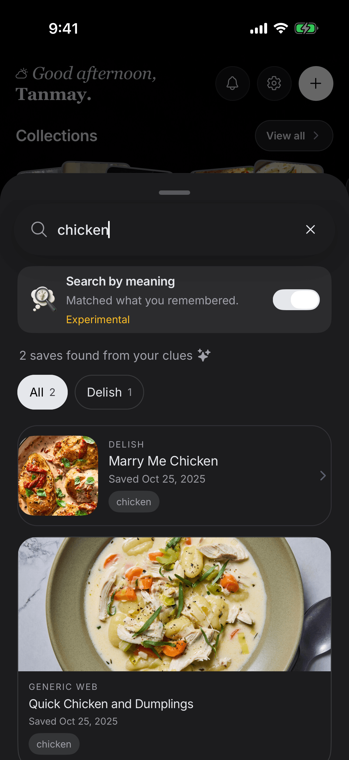 SavedIt iPhone search for chicken showing two matching saved recipes and an experimental meaning search option