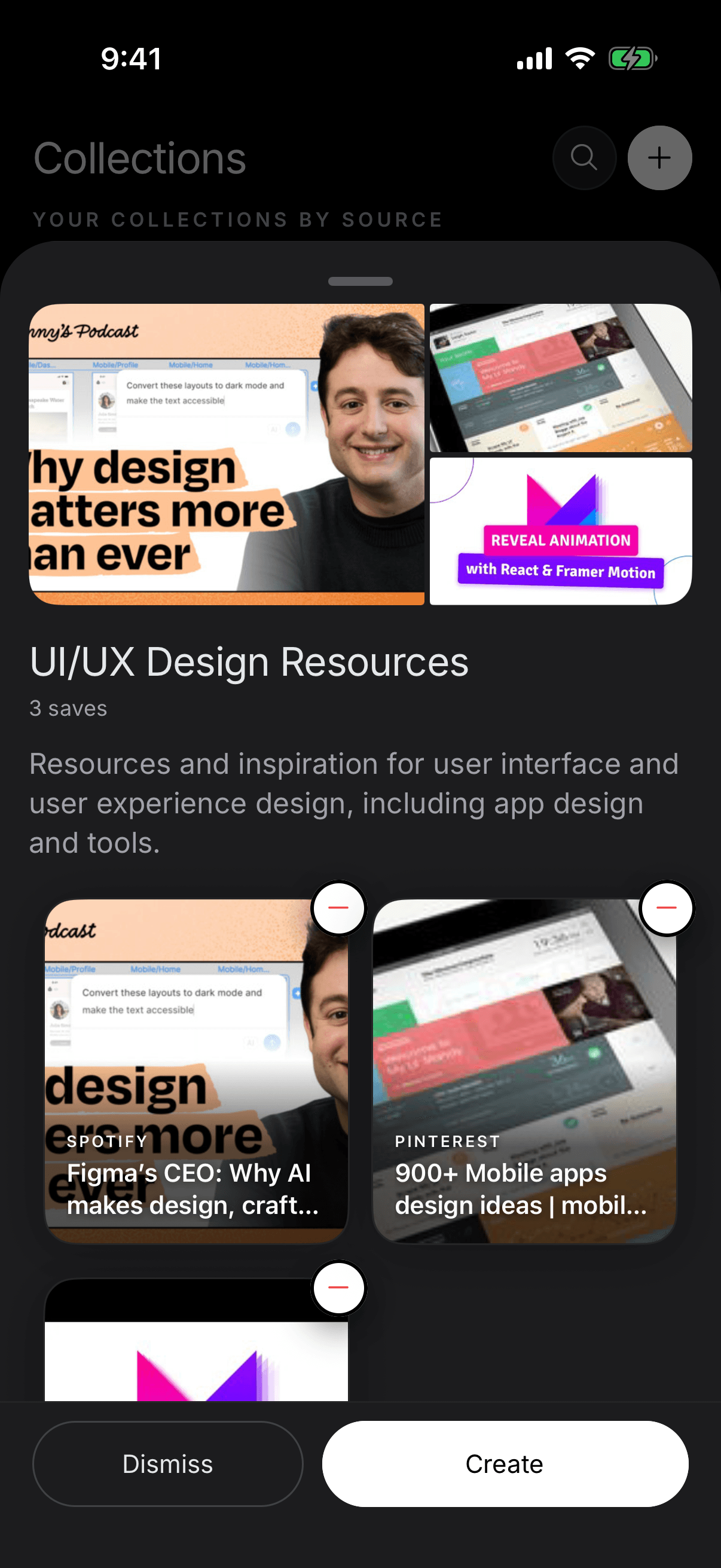 SavedIt iPhone suggested collection preview for UI/UX Design Resources with Dismiss and Create actions