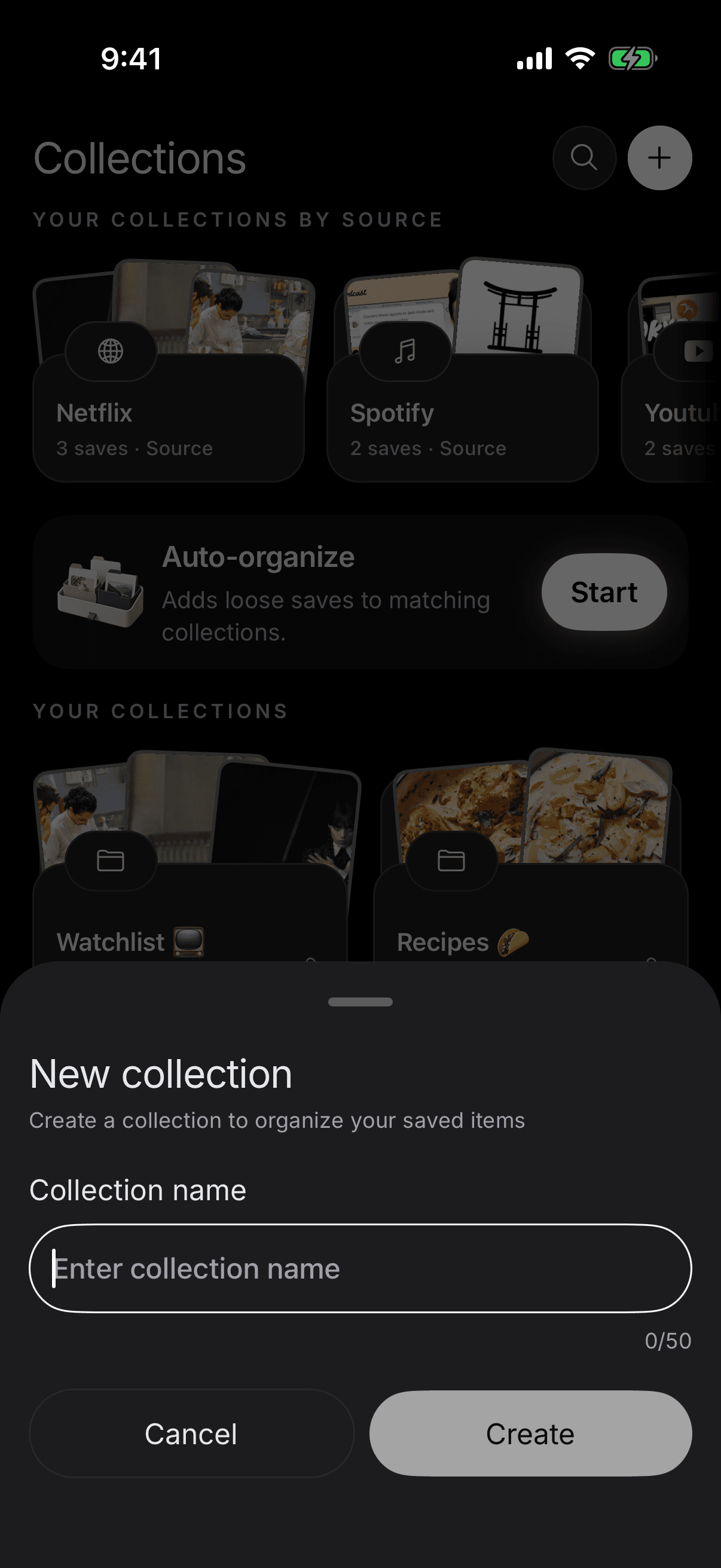 New collection sheet on iPhone with a collection name field and Create button