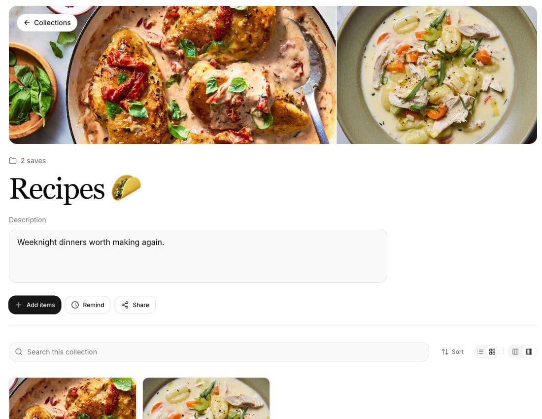 Recipes collection on SavedIt web with its description, two saved recipes, search, sort, Add items, Remind, and Share