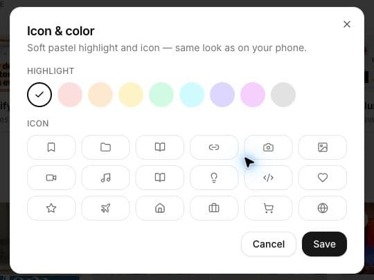 SavedIt web icon and color picker with optional pastel highlights and collection icons
