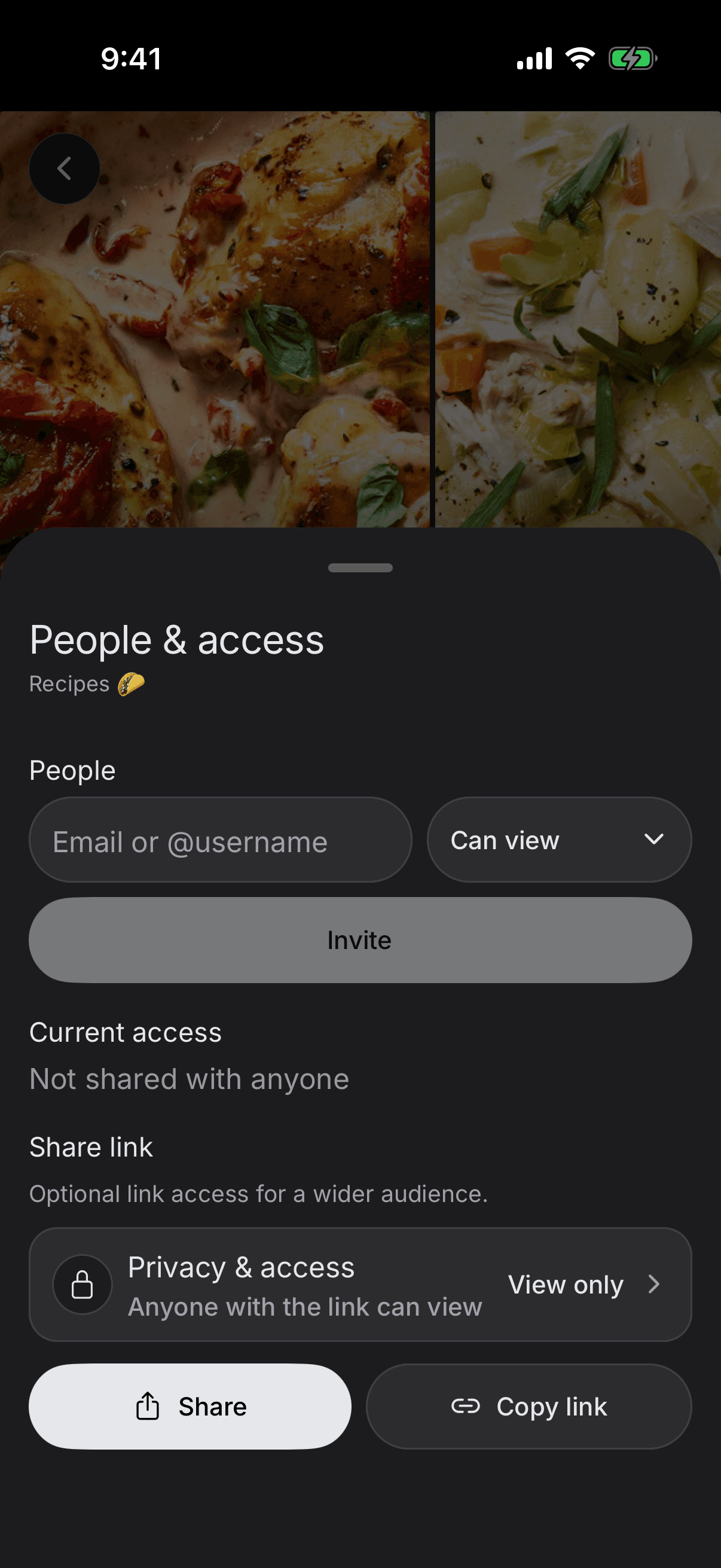 People and access sheet on iPhone showing an unshared Recipes collection, invitation permission, and optional link access