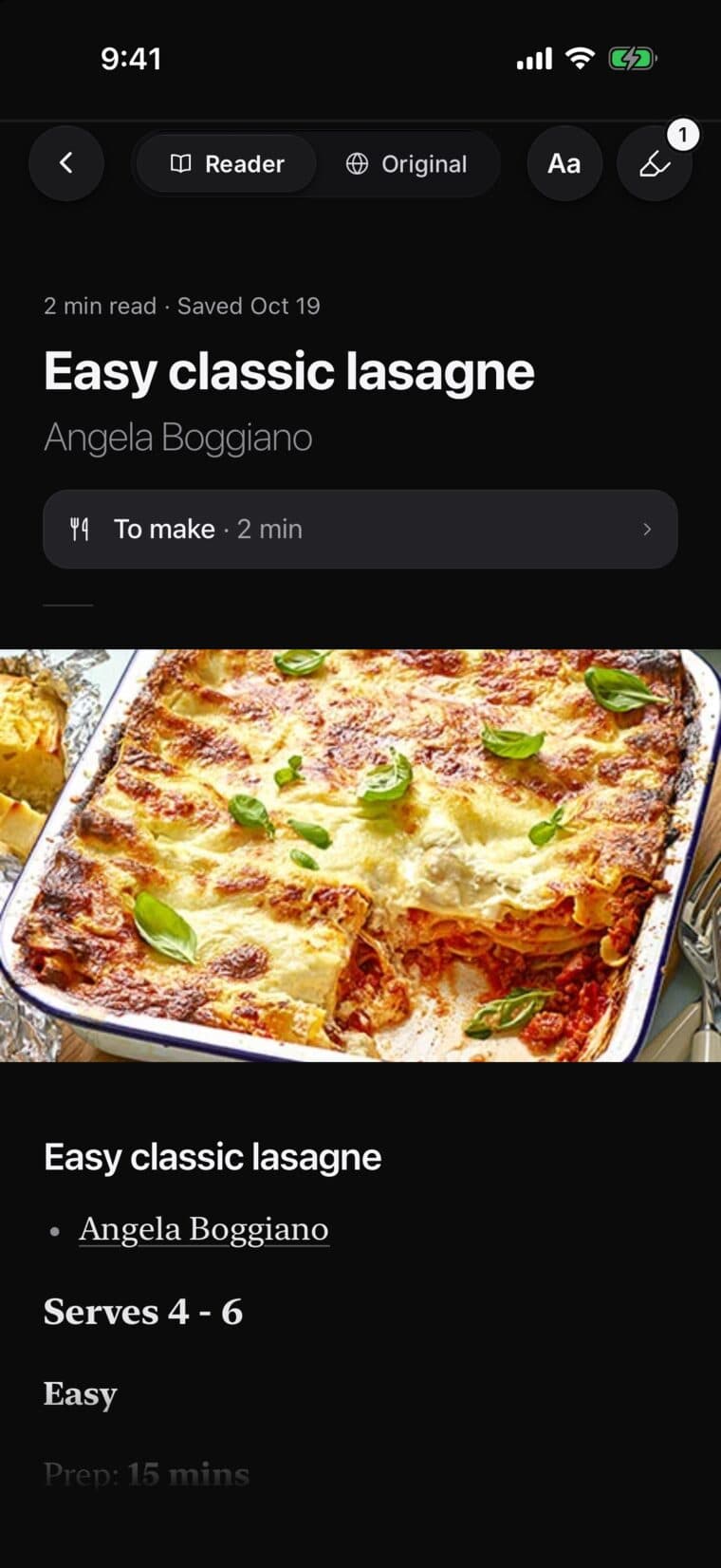 An Easy classic lasagne recipe open in SavedIt's Reader, with the Reader | Original bar and the text size key at the top
