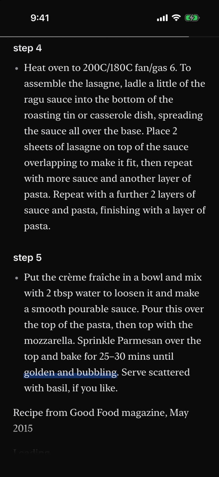 The Reader with the words golden and bubbling highlighted in step 5 of the lasagne method