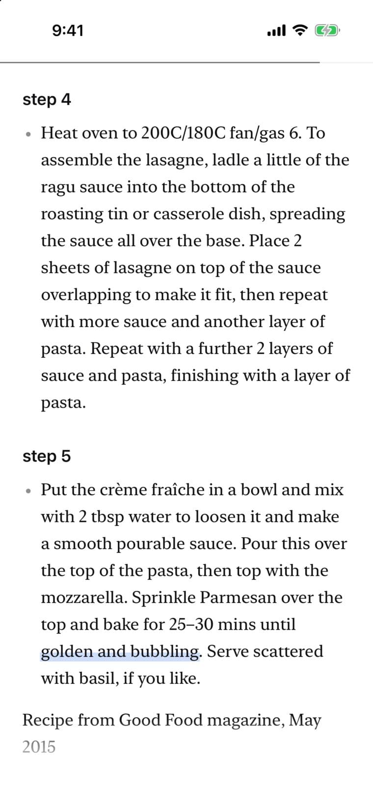 The Reader with the words golden and bubbling highlighted in step 5 of the lasagne method