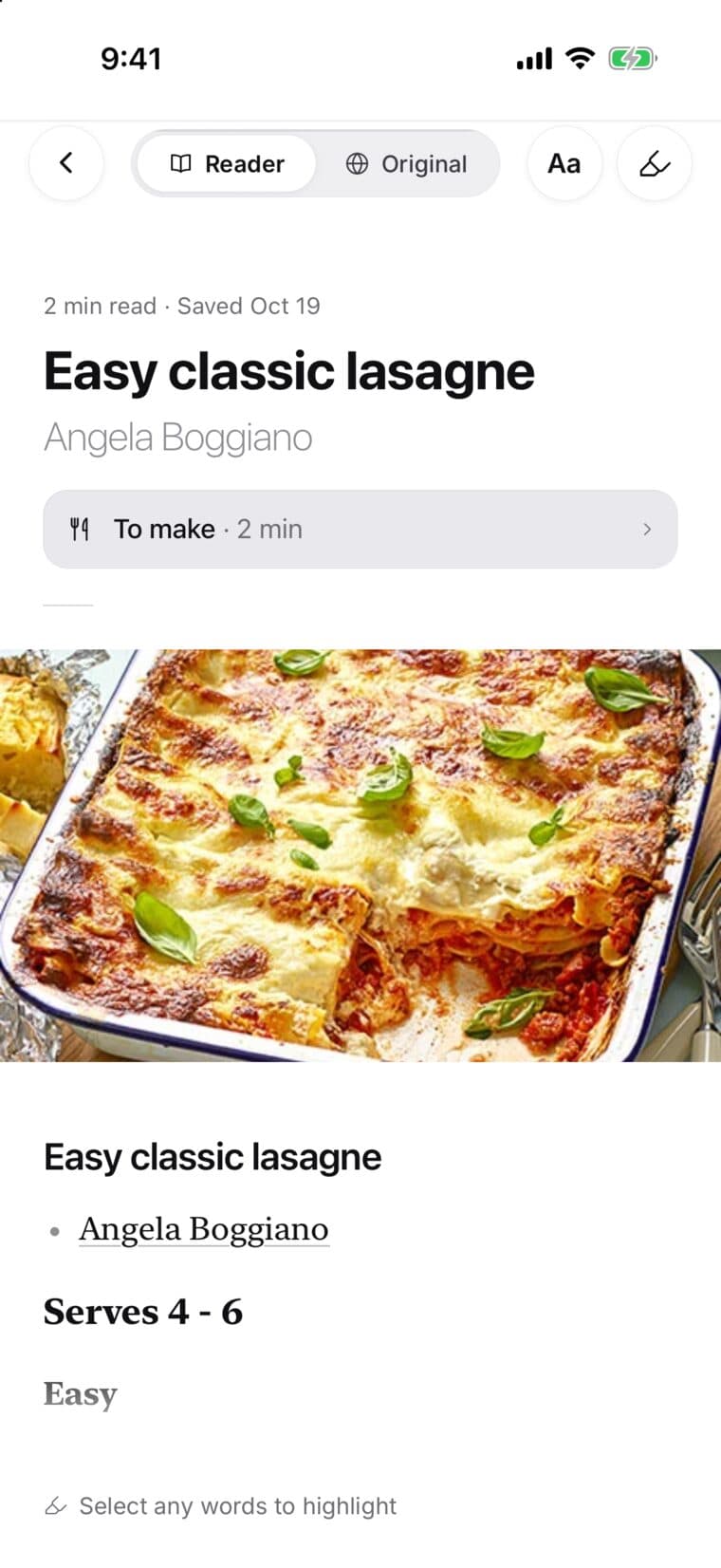An Easy classic lasagne recipe open in SavedIt's Reader, with the Reader | Original bar and the text size key at the top