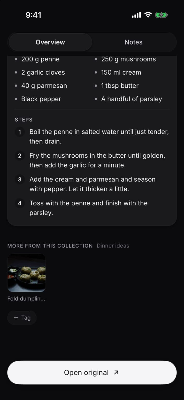 A saved recipe in SavedIt, written out: the ingredients, then numbered steps