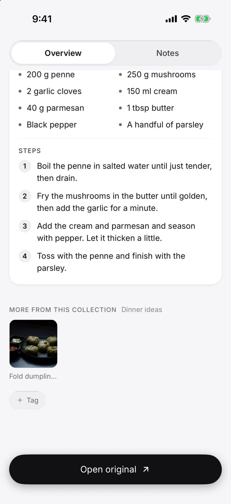 A saved recipe in SavedIt, written out: the ingredients, then numbered steps