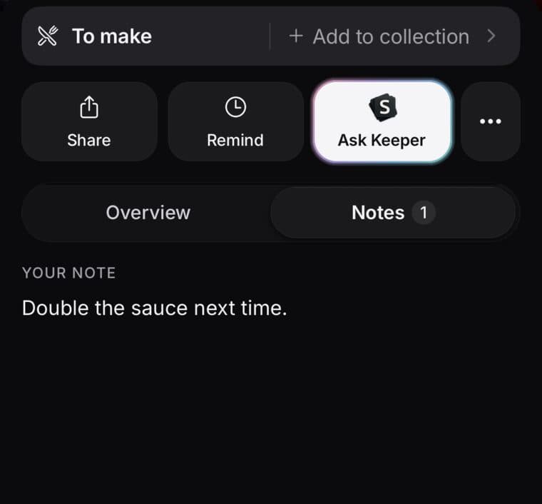 The Notes tab on a saved recipe in SavedIt, showing Your note: Double the sauce next time.