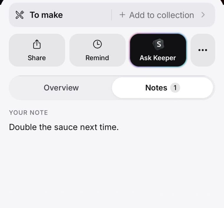 The Notes tab on a saved recipe in SavedIt, showing Your note: Double the sauce next time.