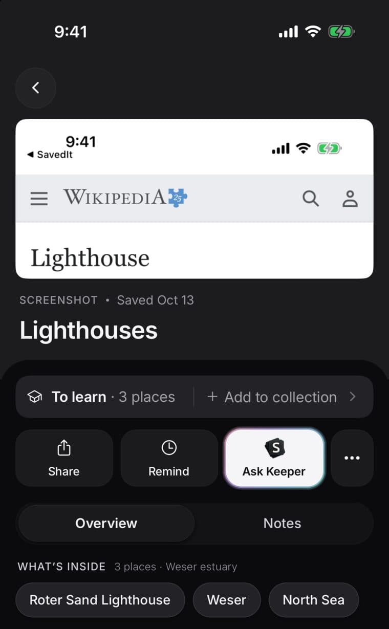 A saved screenshot of a Wikipedia page about lighthouses in SavedIt, labelled Screenshot, with the three places it found inside: Roter Sand Lighthouse, Weser and North Sea