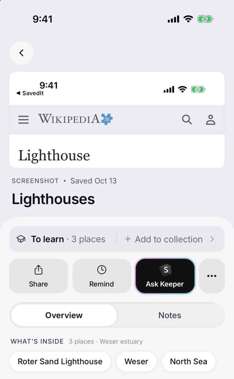 A saved screenshot of a Wikipedia page about lighthouses in SavedIt, labelled Screenshot, with the three places it found inside: Roter Sand Lighthouse, Weser and North Sea
