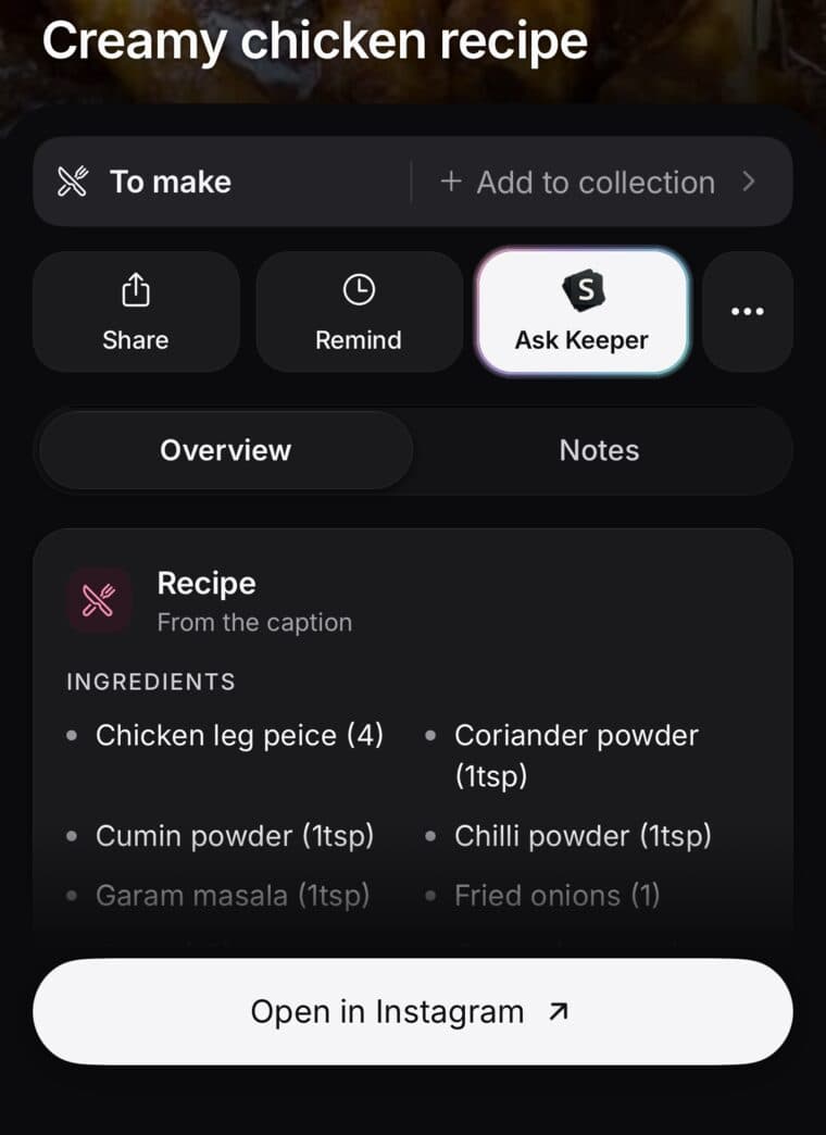 A saved Instagram cooking video in SavedIt, Creamy chicken recipe, with the recipe written out: ingredients first, from the video's caption