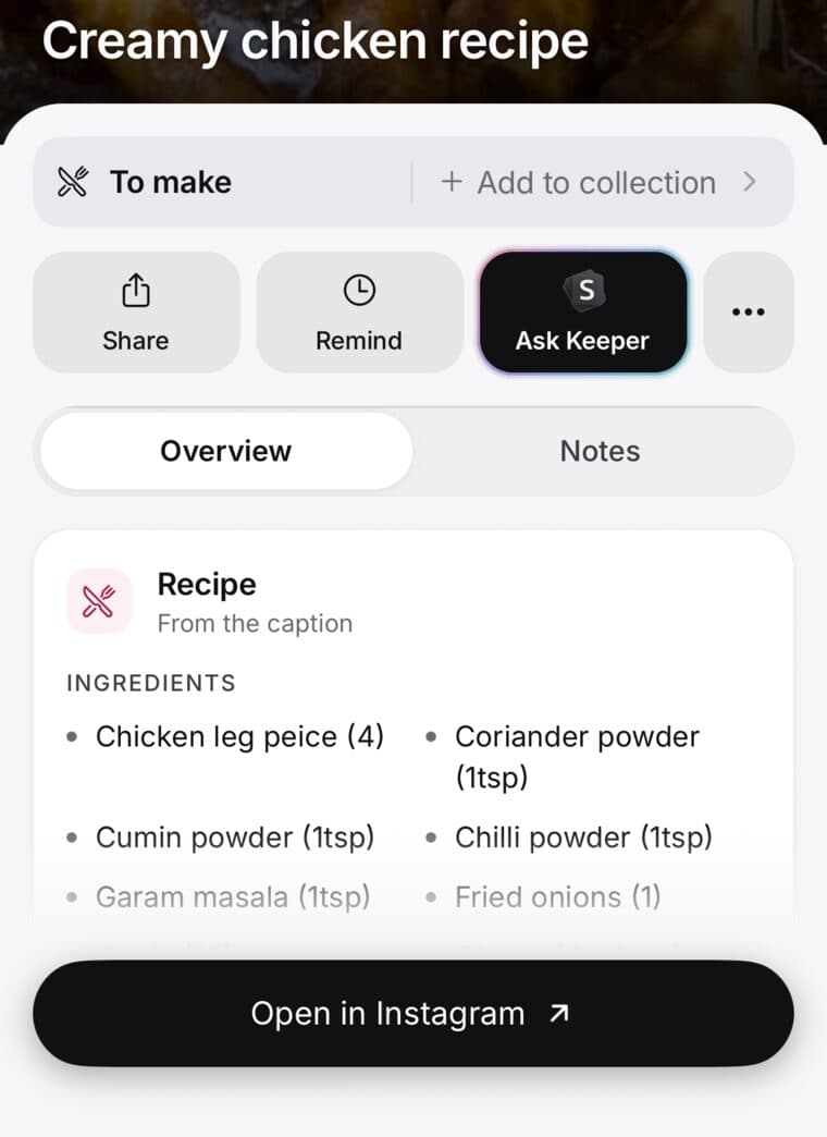 A saved Instagram cooking video in SavedIt, Creamy chicken recipe, with the recipe written out: ingredients first, from the video's caption
