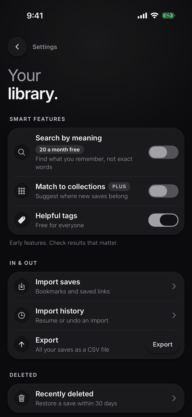SavedIt's Library settings with Import saves, Import history, Export and Recently deleted