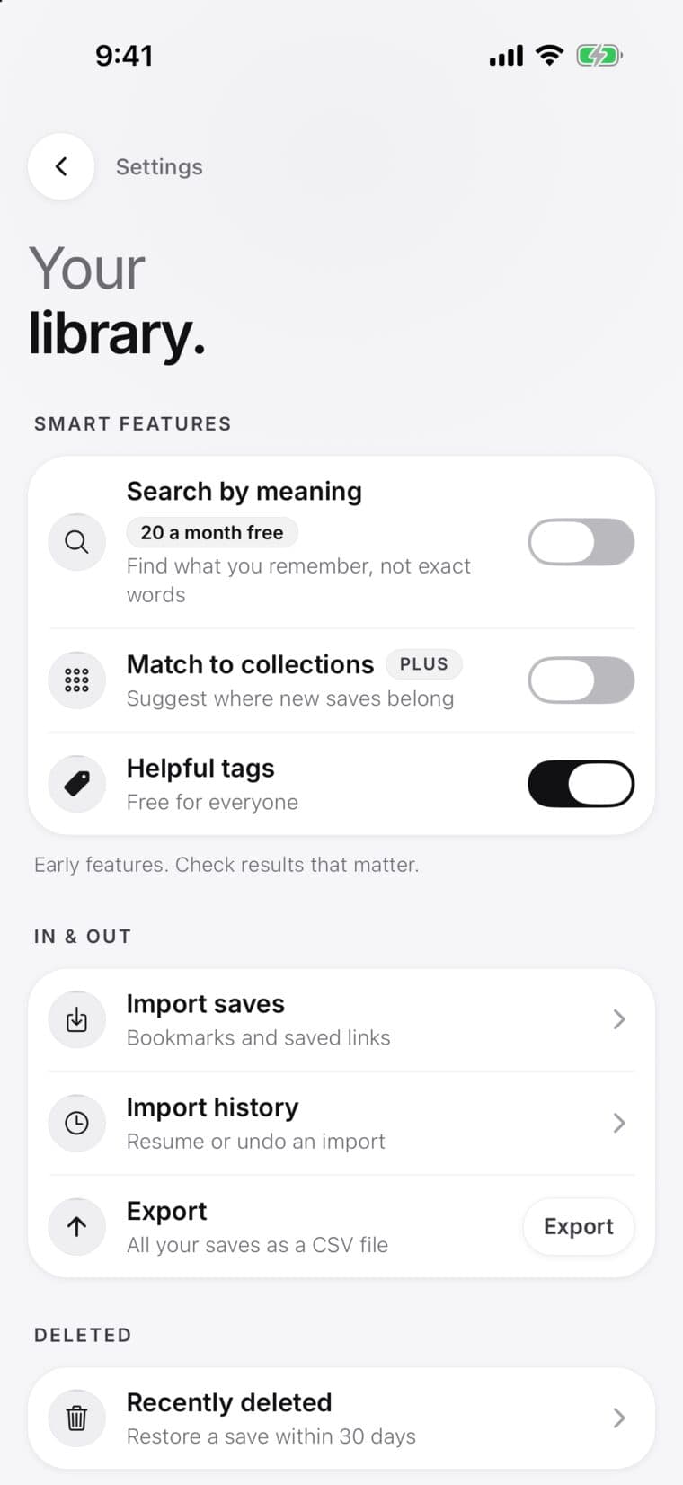 SavedIt's Library settings with Import saves, Import history, Export and Recently deleted