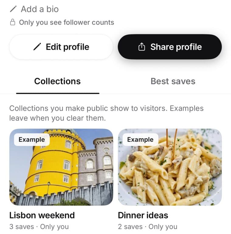 Part of your page on the Profile tab: Add a bio, Edit profile and Share profile buttons, and the Collections and Best saves tabs with two example collections