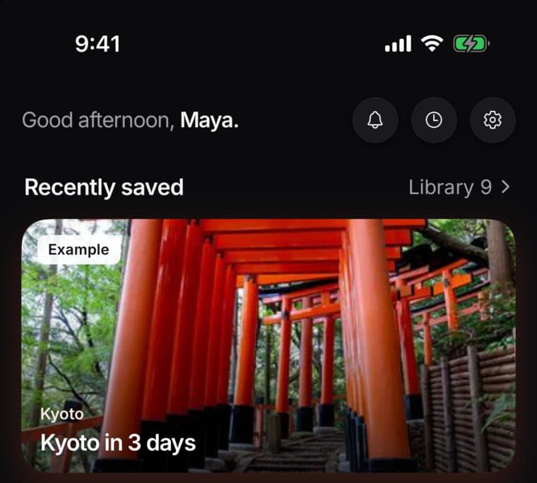 SavedIt Home for a new account: Kyoto in 3 days at the top of Recently saved, wearing an Example label
