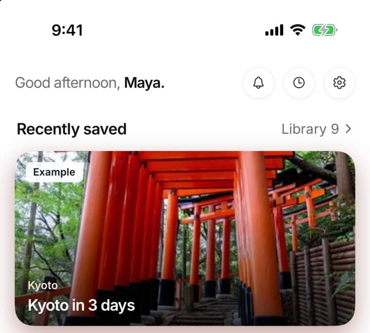 SavedIt Home for a new account: Kyoto in 3 days at the top of Recently saved, wearing an Example label
