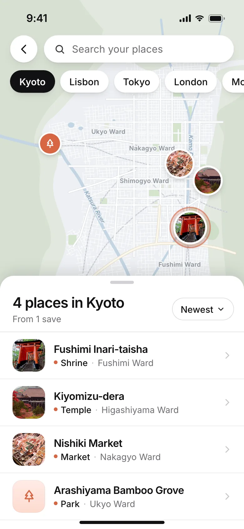 SavedIt's Places map of Kyoto with saved places as photo pins, city chips for Kyoto, Lisbon, Tokyo and London, and a list of 4 places in Kyoto