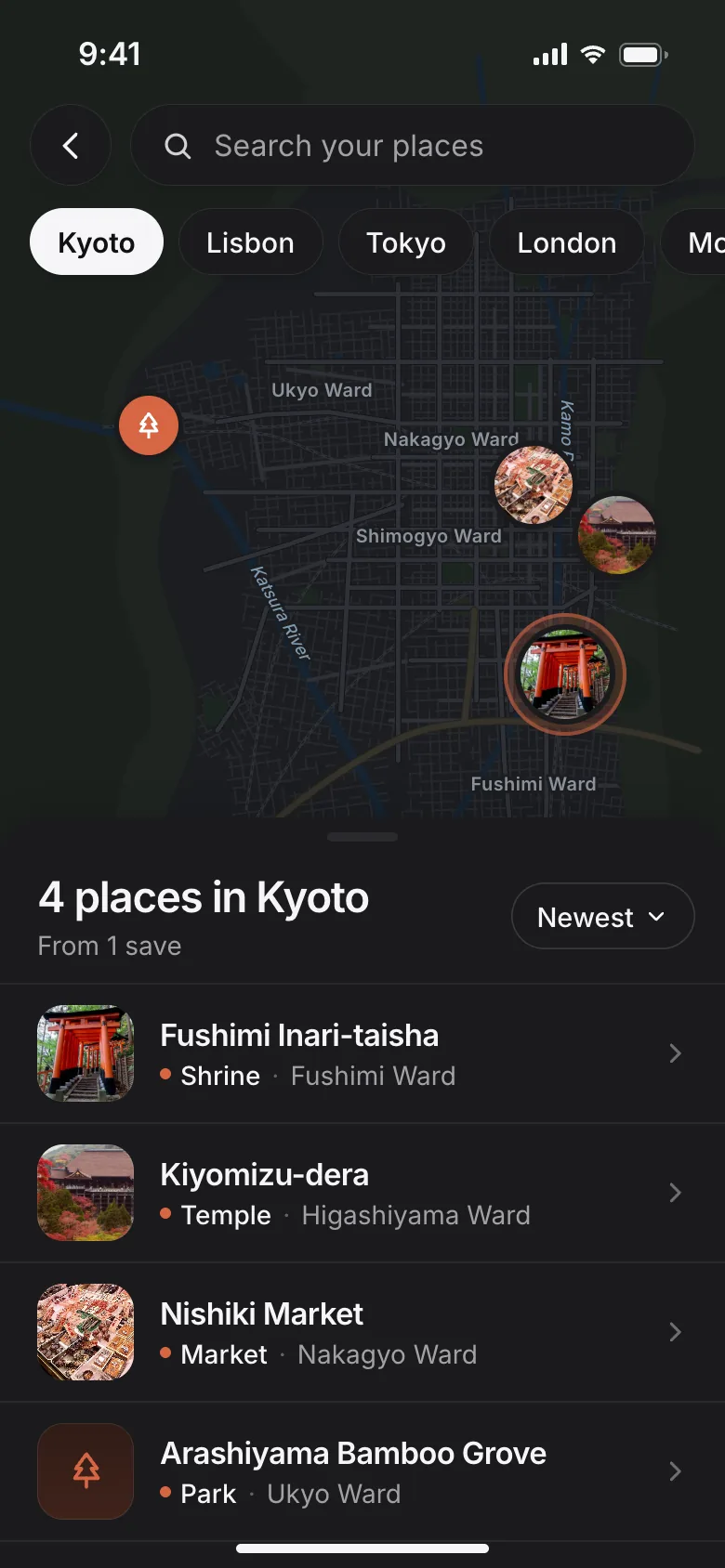 SavedIt's Places map of Kyoto with saved places as photo pins, city chips for Kyoto, Lisbon, Tokyo and London, and a list of 4 places in Kyoto