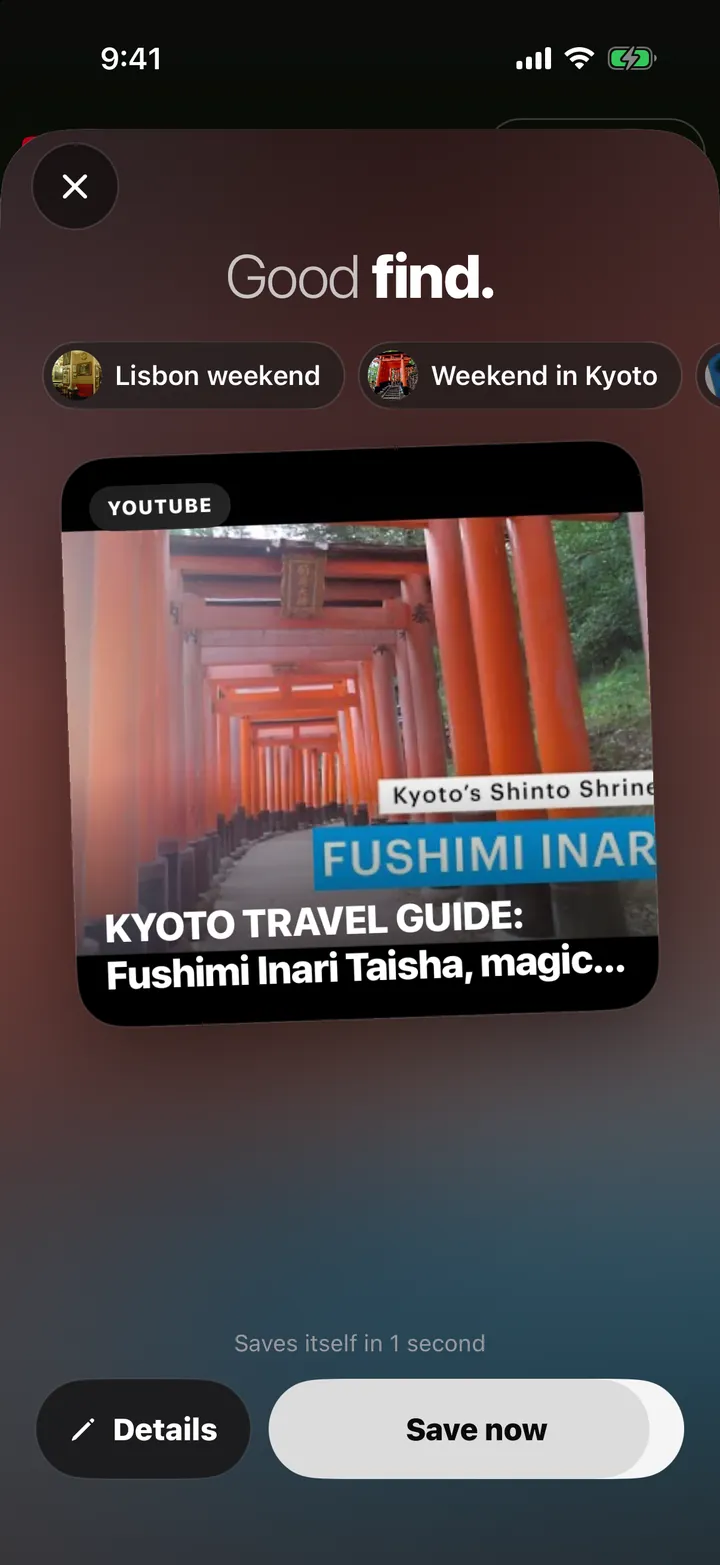 A Kyoto travel video being saved from the Share menu: Good find, Save now