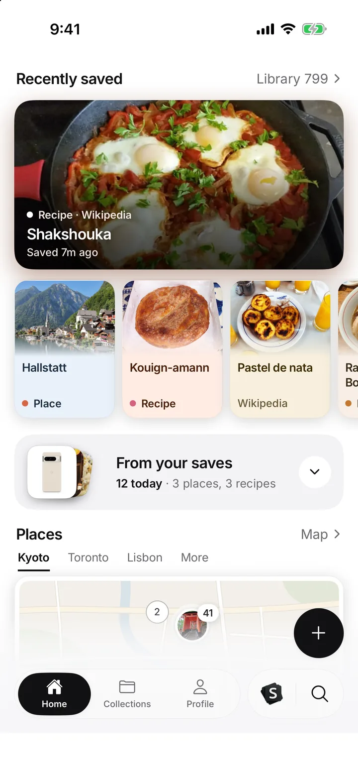 SavedIt Home: Recently saved, with Shakshouka, Hallstatt, Kouign-amann and Pastel de nata