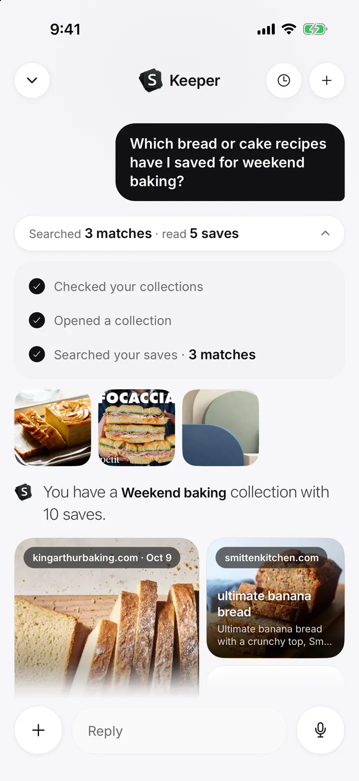 Keeper: searched 3 matches, read 5 saves, then answers about weekend baking